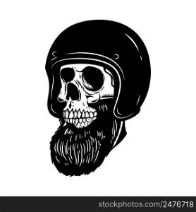 Illustration of bearded skull in racer helmet. Design element for logo, label, sign, poster. Vector illustration
