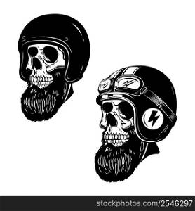 Illustration of bearded skull in racer helmet. Design element for logo, label, sign, poster. Vector illustration
