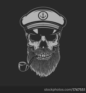 Illustration of bearded skull of sea captain. Design element for logo, emblem, sign, poster, card, banner. Vector illustration