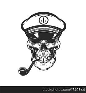 Illustration of bearded skull of sea captain. Design element for logo, emblem, sign, poster, card, banner. Vector illustration