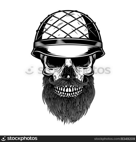 Illustration of bearded soldier skull in army helmet. Design element for logo, label, sign, emblem. Vector illustration