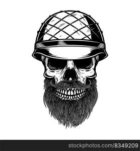 Illustration of bearded soldier skull in army helmet. Design element for logo, label, sign, emblem. Vector illustration