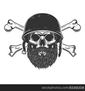 Illustration of bearded soldier skull with crossed bones in army helmet. Design element for logo, label, sign, emblem. Vector illustration