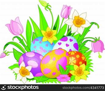 Illustration of beautiful Easter eggs in a grass and flowers