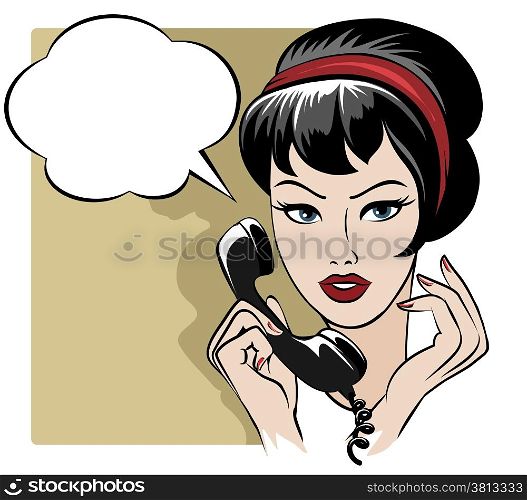 Illustration of beautiful girl speaking by phone and empty speech bubble drawn in retro style