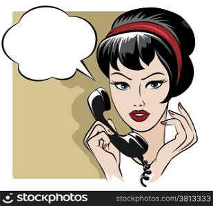 Illustration of beautiful girl speaking by phone and empty speech bubble drawn in retro style