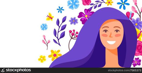 Illustration of beautiful girl with flowers. Beautiful young woman in trendy style.. Illustration of beautiful girl with flowers.