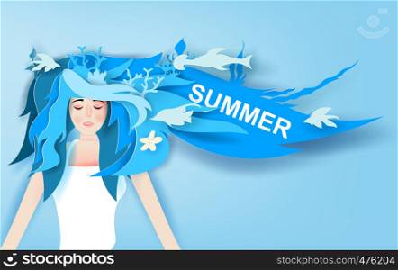 illustration of Beautiful girl with long hair wear summer trip with Deep blue marine life decoration.portrait of young cute woman with long hair relaxing in summertime.paper cut and craft.vector.