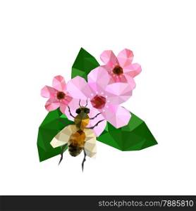 Illustration of beautiful origami cherry blossom with bee isolated on white background