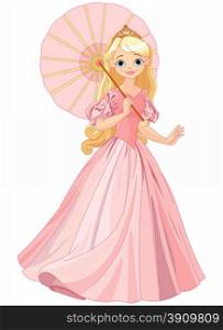 Illustration of beautiful princess at summer day under umbrella