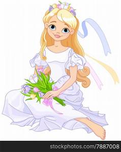 Illustration of beautiful princess holds bouquet of crocus