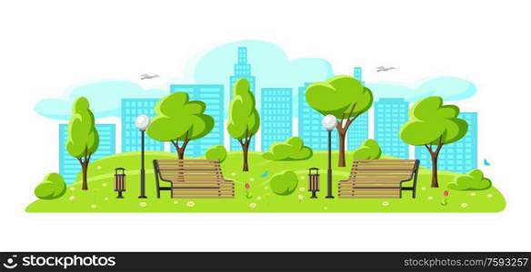 Illustration of beautiful summer or spring city park. Urban public space with lawn and trees for walking and relaxing.. Illustration of beautiful summer or spring city park.