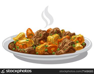 illustration of beef stew meat dish on plate. beef stew meat