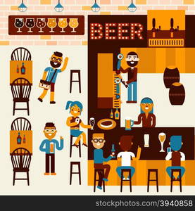 Illustration of beer restaurant community scene with many people