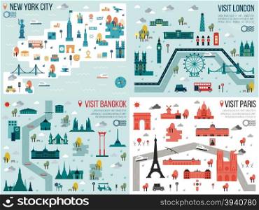 Illustration of big city travel map, New York, London, Bangkok, Paris