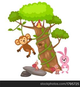 illustration of big tree and monkey and bird and rabbit and ant vector