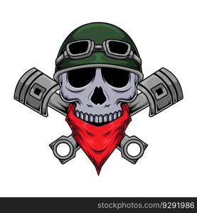 Illustration of biker human skull mascot character with crossed engine. Biker skull graphic character