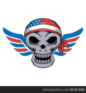 Illustration of biker human skull mascot character with wings and headband. Biker skull graphic mascot character
