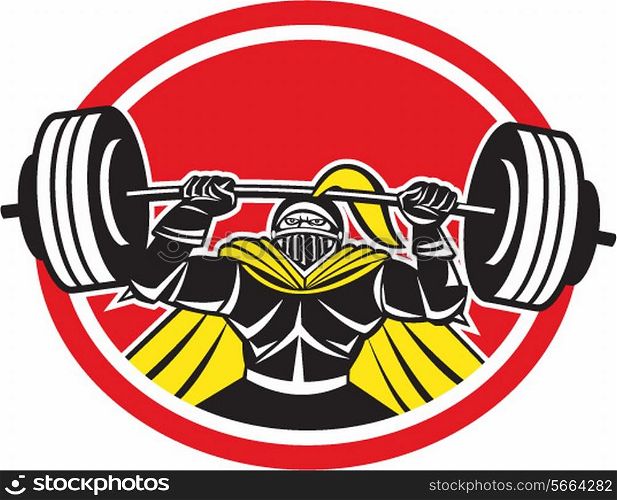 Illustration of black knight in full armor lifting a barbell set inside circle viewed from front done in retro style on isolated white background.. Black Knight Lifting Barbell Front Circle Retro