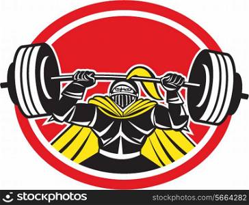 Illustration of black knight in full armor lifting a barbell set inside circle viewed from front done in retro style on isolated white background.. Black Knight Lifting Barbell Front Circle Retro