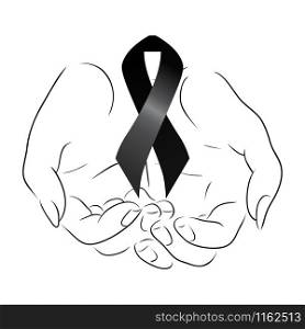 Illustration of black mourning ribbon in the hands. Black mourning ribbon in the hands