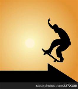 Illustration of black silhouette skateboard man and arrow on sunset background. Vector.
