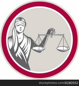 Illustration of blindfolded lady facing front holding and raising up weighing scales of justice set inside circle on isolated white background done in retro style.. Lady Blindfolded Holding Scales Justice Circle