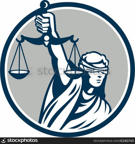 Illustration of blindfolded lady facing front holding and raising up weighing scales of justice set inside circle on isolated white background.. Lady Blindfolded Holding Scales Justice Front Retro