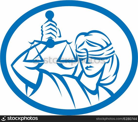 Illustration of blindfolded lady facing front holding and raising up weighing scales of justice set inside oval on isolated white background.. Lady Blindfolded Hold Scales Justice Oval