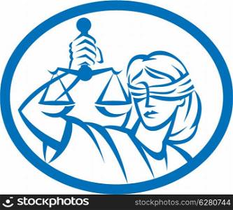 Illustration of blindfolded lady facing front holding and raising up weighing scales of justice set inside oval on isolated white background.. Lady Blindfolded Hold Scales Justice Oval