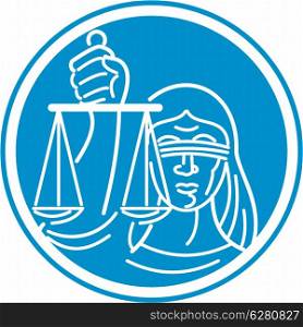 Illustration of blindfolded lady facing front holding and raising up weighing scales of justice set inside circle on isolated background.. Lady Blindfolded Hold Scales Justice Circle