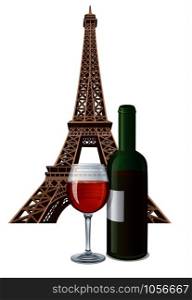 illustration of bottle and glass of french wine and eiffel tower. bottle of french wine