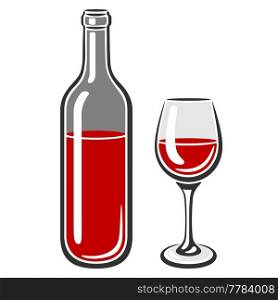 Illustration of bottle and glass with red wine. Image for restaurants and bars. Business and industrial item.. Illustration of bottle and glass with red wine. Image for restaurants and bars.