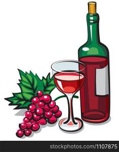 illustration of bottle red dry wine with goblet and grape. red dry wine