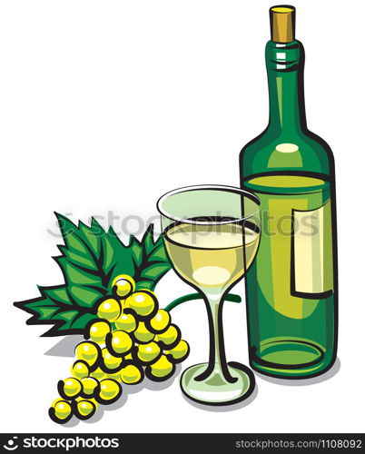 illustration of bottle white dry wine with goblet and grape. white dry wine
