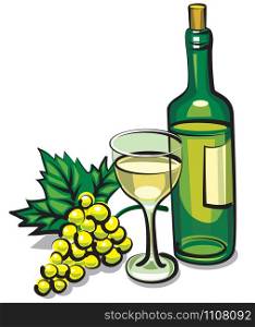 illustration of bottle white dry wine with goblet and grape. white dry wine