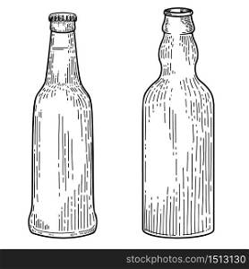 Illustration of bottles of beer in engraving style. Design element for logo, label, emblem, sign. Vector illustration
