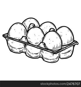 Illustration of box with eggs in engraving style. Design element for poster, card, banner, sign. Vector illustration