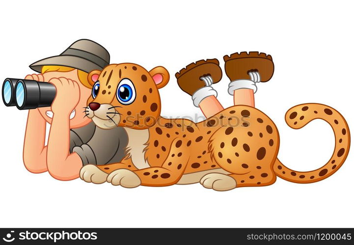 illustration of Boy with binoculars and animal leopard