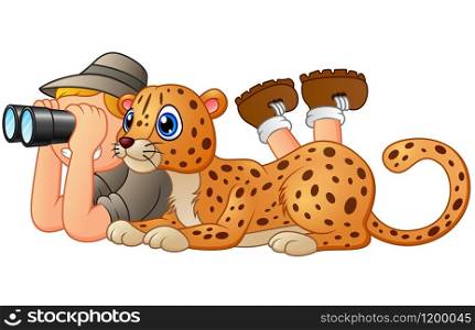 illustration of Boy with binoculars and animal leopard