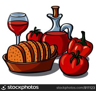 illustration of bread in plate with vegetables and wine. vegetables and wine