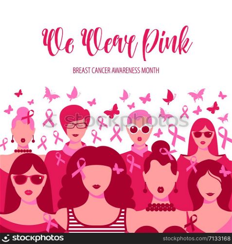 Illustration of breast cancer for awareness month.. Banner Illustration of breast cancer for october awareness month. Icon with girls, go pink.