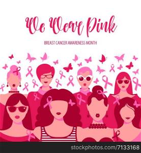 Illustration of breast cancer for awareness month.. Banner Illustration of breast cancer for october awareness month. Icon with girls, go pink.