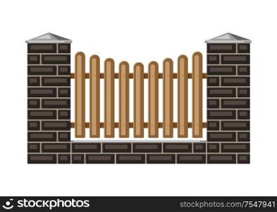 Illustration of bricks fence with wooden boards. Garden, park or yard hedge section.. Illustration of bricks fence with wooden boards.