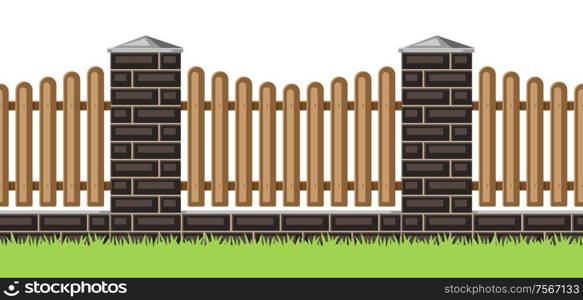Illustration of bricks fence with wooden boards. Garden, park or yard hedge section.. Illustration of bricks fence with wooden boards.