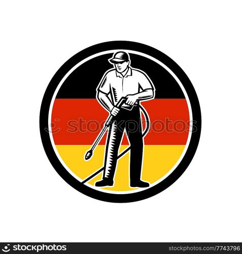 Illustration of British worker with pressure washer chemical washing using high-pressure water spray with flag of Germany set inside circle done in retro woodcut style. . German Pressure Washing Flag of Germany Circle Retro