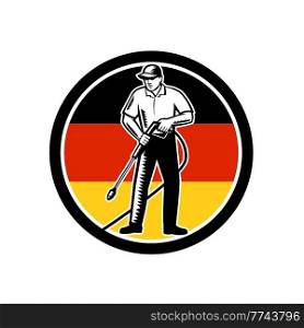 Illustration of British worker with pressure washer chemical washing using high-pressure water spray with flag of Germany set inside circle done in retro woodcut style. . German Pressure Washing Flag of Germany Circle Retro