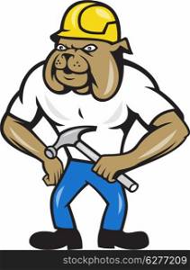 Illustration of bulldog construction worker wearing hardhat holding claw hammer done in cartoon style.