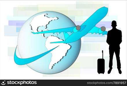 Illustration of business man with airplane and earth globe