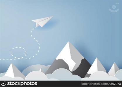 illustration of business success concept,Origami Paper white plane flying on sky between cloud and mountain. Beautiful natural landscape.Creative design idea. leadership.target.aircraft.vector EPS10